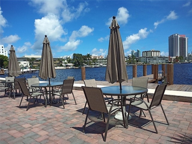 view of patio featuring a water view