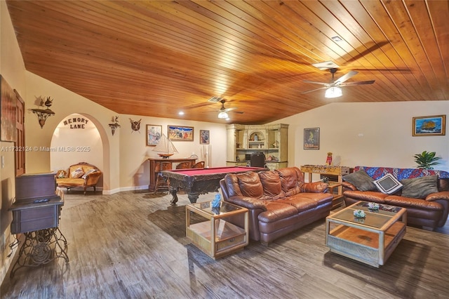 living room with vaulted ceiling, hardwood / wood-style floors, wooden ceiling, and billiards