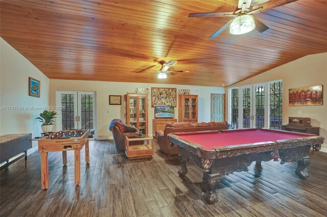 recreation room with pool table, vaulted ceiling, french doors, and wood-type flooring