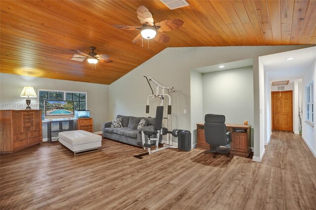 living room featuring hardwood / wood-style flooring, vaulted ceiling, ceiling fan, and wood ceiling