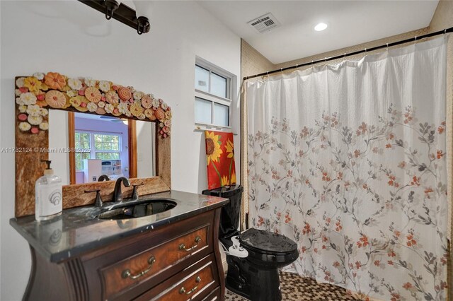 bathroom with vanity, toilet, and curtained shower