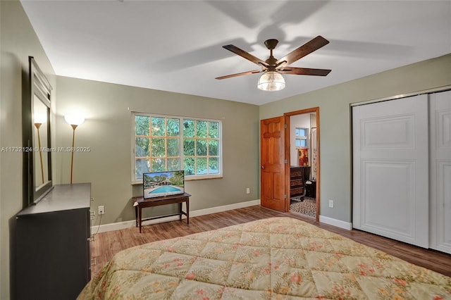 bedroom featuring ceiling fan and light hardwood / wood-style floors