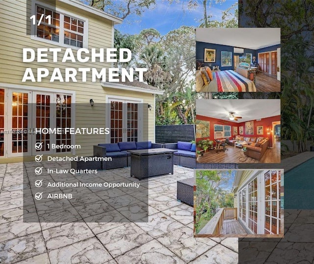 view of patio / terrace featuring an outdoor living space with a fire pit, ceiling fan, and french doors