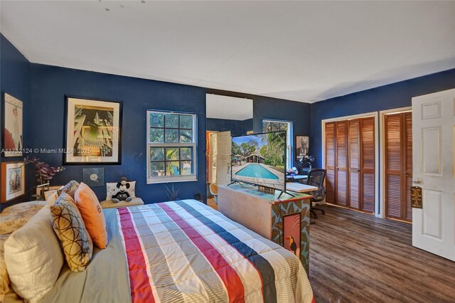 bedroom featuring wood-type flooring and two closets