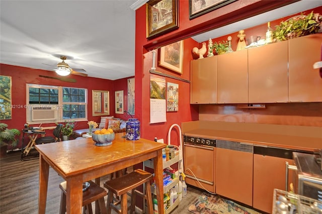 kitchen featuring cooling unit, ceiling fan, dishwashing machine, and dark wood-type flooring