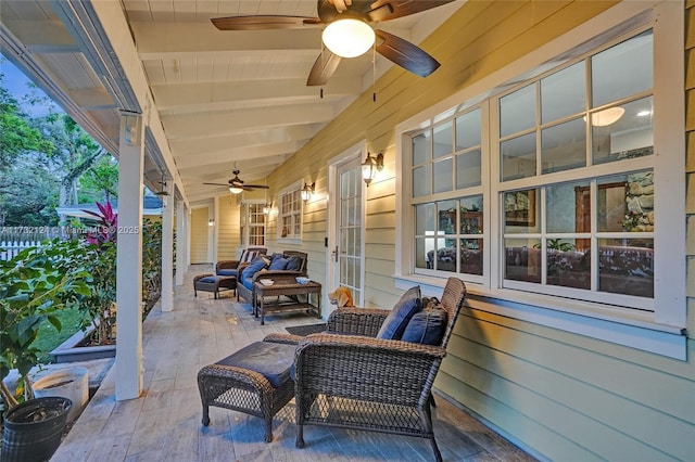 view of patio featuring an outdoor hangout area and ceiling fan