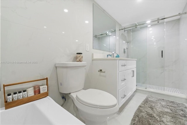 bathroom with vanity, an enclosed shower, and toilet