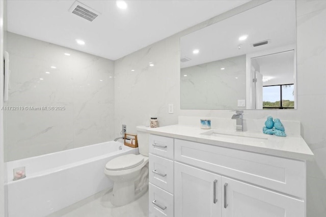 full bathroom featuring shower / tub combination, vanity, and toilet