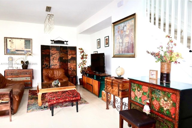 living room featuring light tile patterned floors