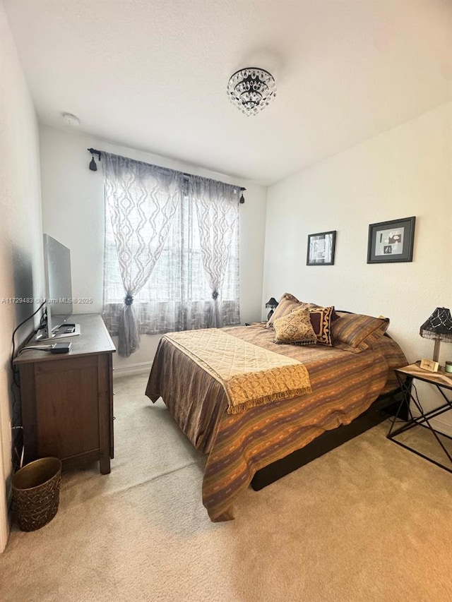 bedroom with multiple windows and light colored carpet