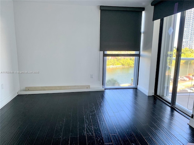 empty room featuring dark hardwood / wood-style flooring and a wall of windows