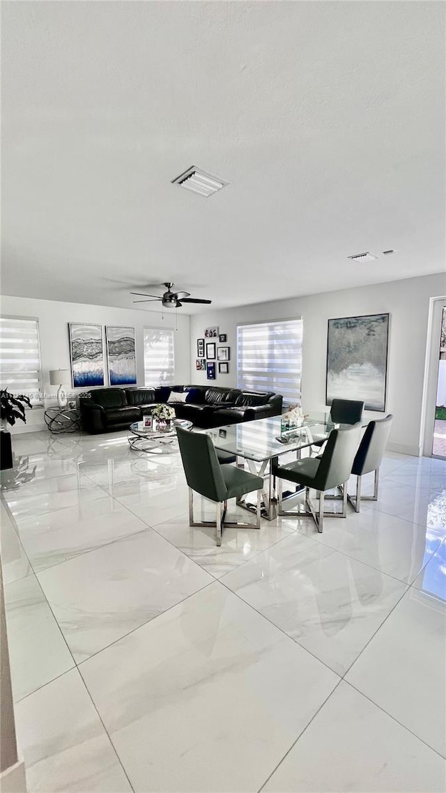 dining area featuring ceiling fan and plenty of natural light