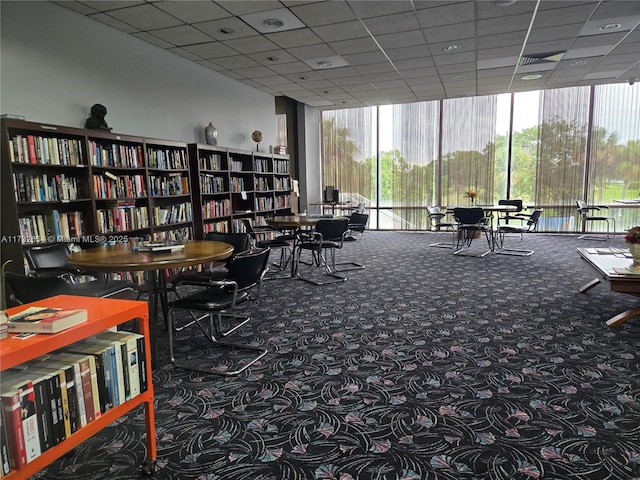 interior space with expansive windows, plenty of natural light, and a paneled ceiling