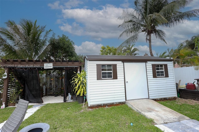 view of shed featuring fence