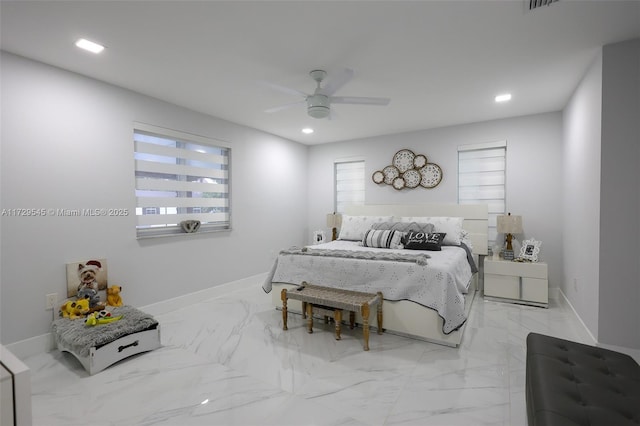 bedroom with ceiling fan, recessed lighting, visible vents, baseboards, and marble finish floor