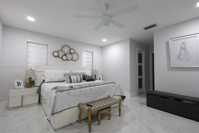 bedroom featuring recessed lighting, visible vents, baseboards, a ceiling fan, and marble finish floor