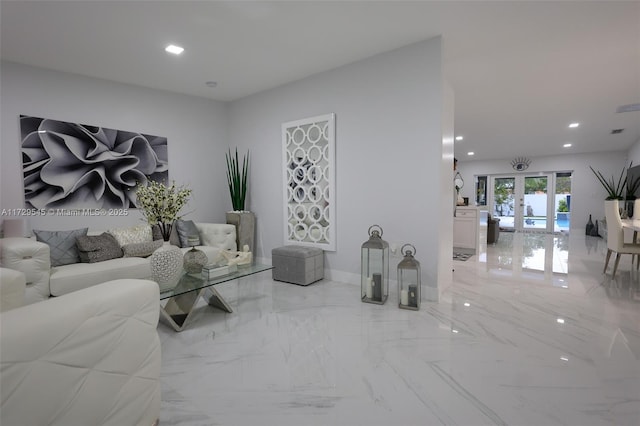 living area with french doors, marble finish floor, recessed lighting, visible vents, and baseboards