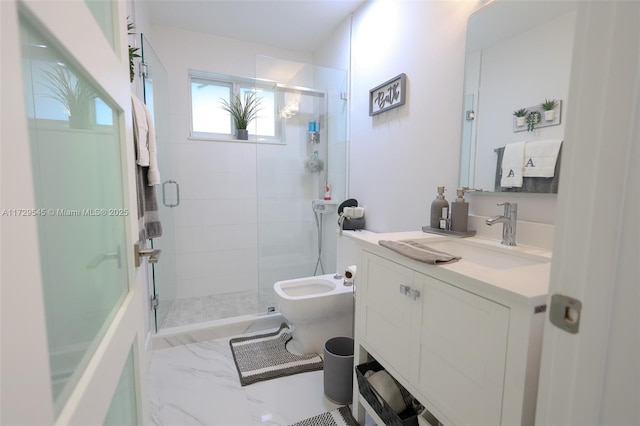 full bath with toilet, marble finish floor, a shower stall, and vanity