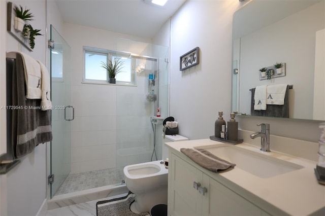 full bathroom featuring vanity, a shower stall, and toilet