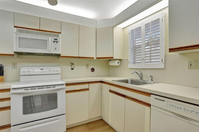 kitchen with sink, white appliances, and light hardwood / wood-style floors