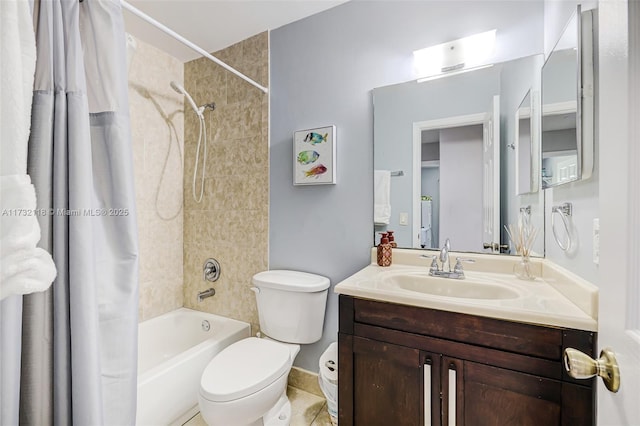 full bathroom featuring shower / bathtub combination with curtain, vanity, and toilet