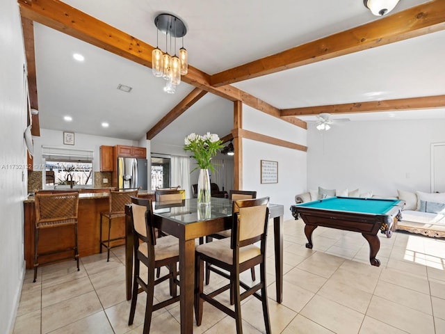 tiled dining space with pool table, lofted ceiling with beams, and ceiling fan