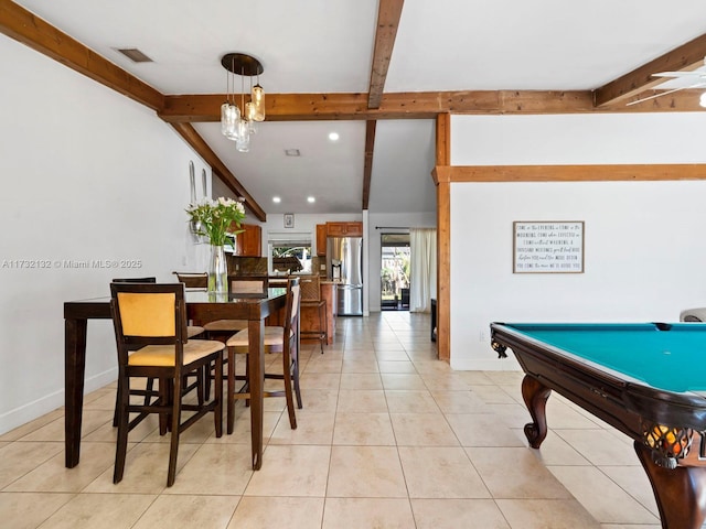 playroom with billiards, lofted ceiling with beams, and light tile patterned flooring