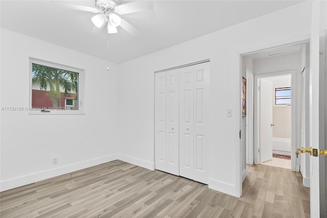 unfurnished bedroom featuring a closet, ceiling fan, and light hardwood / wood-style floors