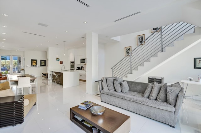 tiled living room with sink