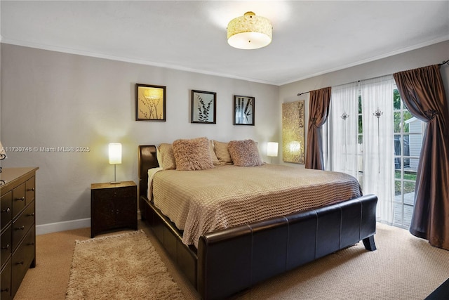 bedroom with crown molding, light colored carpet, and access to exterior