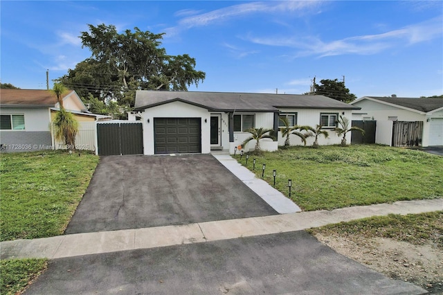 ranch-style home with a garage and a front yard