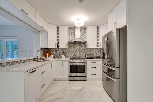 kitchen with wall chimney exhaust hood, sink, white cabinetry, stainless steel appliances, and backsplash