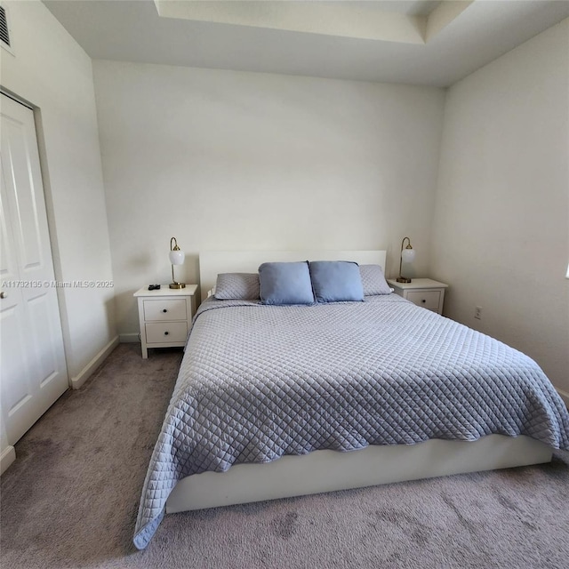 bedroom featuring carpet, a tray ceiling, and a closet