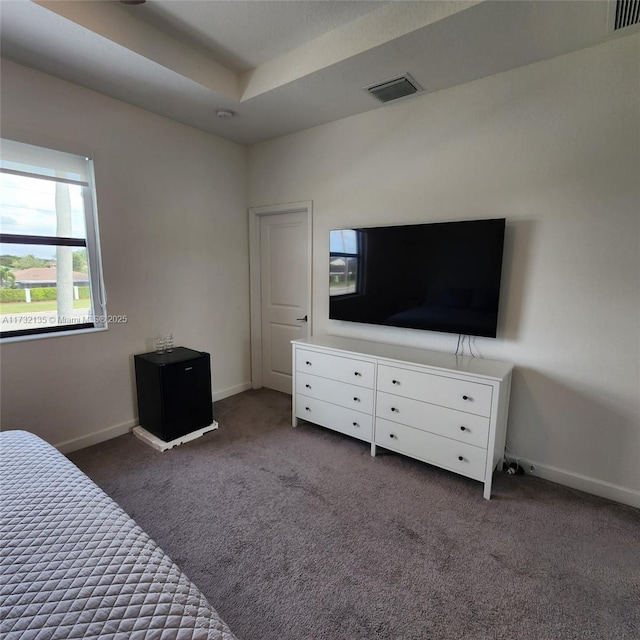 bedroom featuring a raised ceiling and dark colored carpet