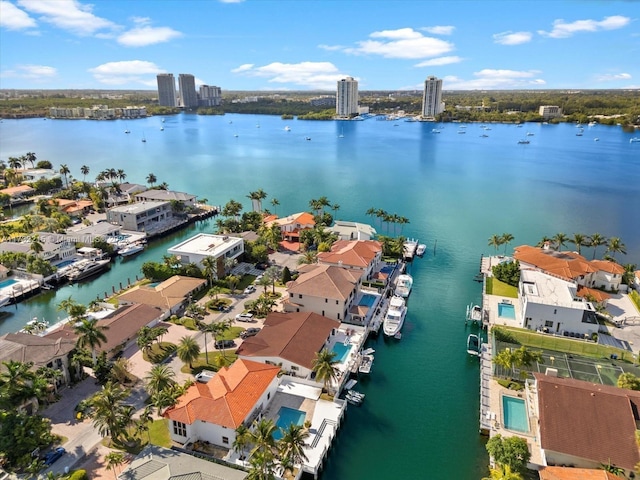 bird's eye view with a water view