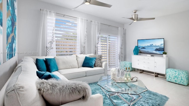 living room featuring ceiling fan