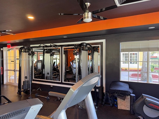 exercise room with ceiling fan