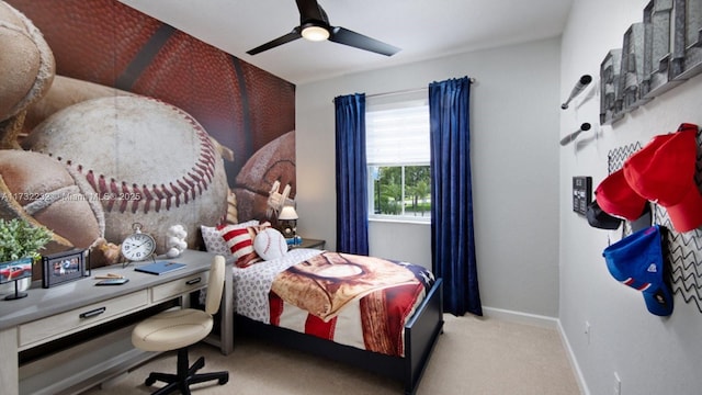 bedroom featuring ceiling fan and light colored carpet