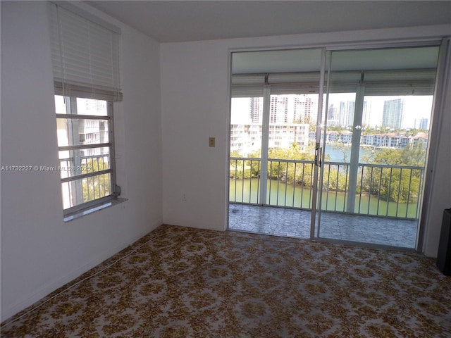 carpeted spare room with a water view