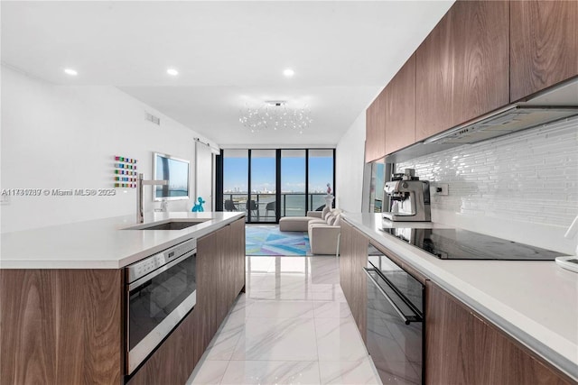 kitchen featuring wall oven, black electric cooktop, light countertops, a wall of windows, and modern cabinets