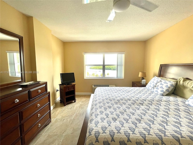 bedroom featuring ceiling fan and a textured ceiling