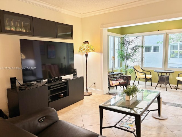 tiled living room featuring crown molding and a textured ceiling