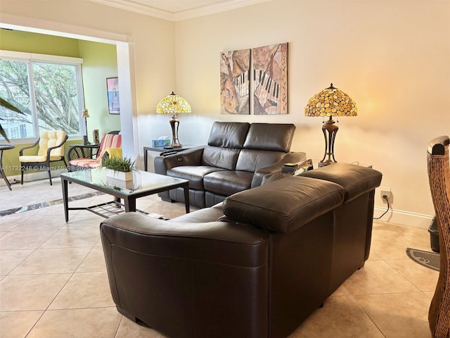 living room featuring light tile patterned floors and crown molding