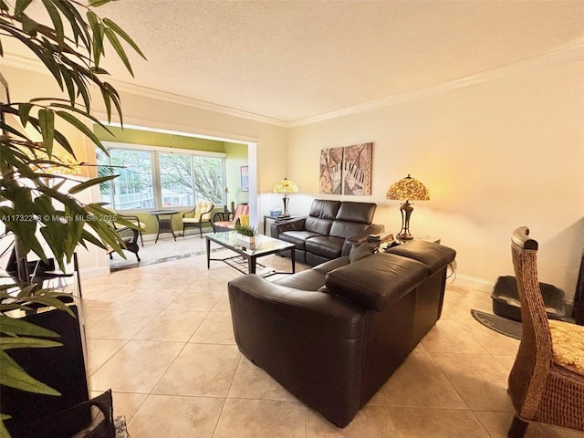 tiled living room featuring ornamental molding and a textured ceiling