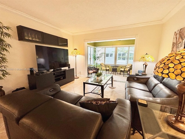 tiled living room with crown molding and a textured ceiling