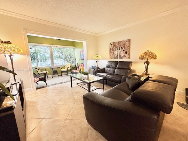 tiled living room with ornamental molding and a textured ceiling