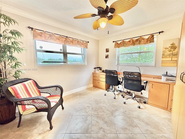 tiled office space featuring ornamental molding, a healthy amount of sunlight, and a textured ceiling