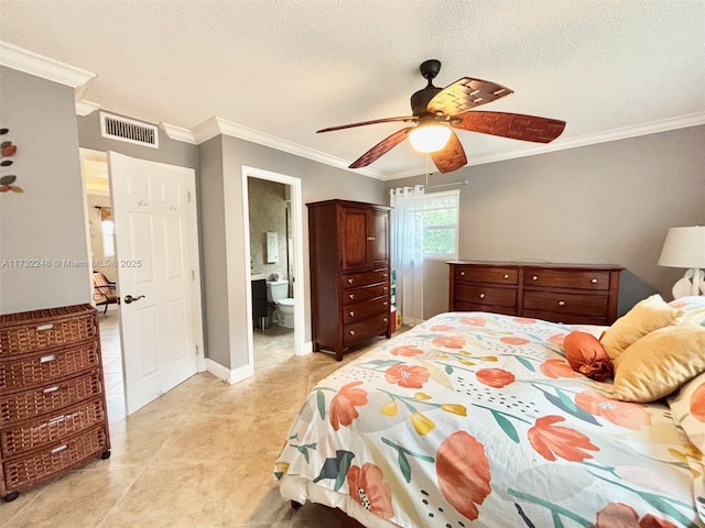 bedroom featuring ceiling fan, ensuite bathroom, a textured ceiling, and ornamental molding