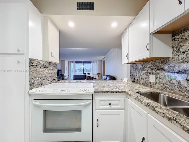 kitchen with white range with electric stovetop, sink, white cabinets, decorative backsplash, and kitchen peninsula