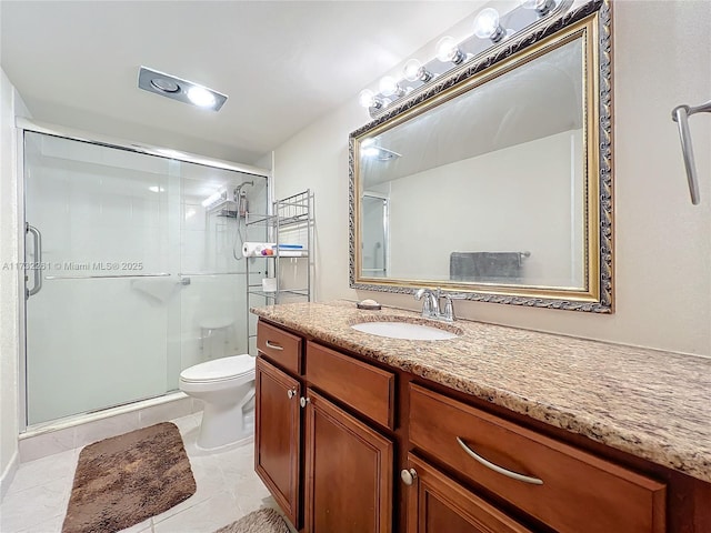 bathroom with tile patterned flooring, vanity, toilet, and walk in shower